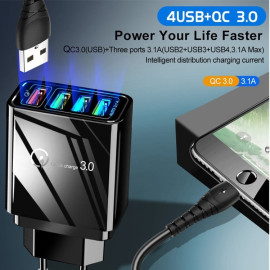 Мрежово зарядно KA Digital 44-32, 4x USB, Бързо зареждане 30W QC 3.0, 6А MAX, Черен