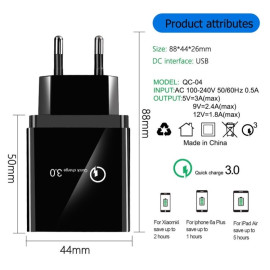 Мрежово зарядно KA Digital 44-32, 4x USB, Бързо зареждане 30W QC 3.0, 6А MAX, Черен